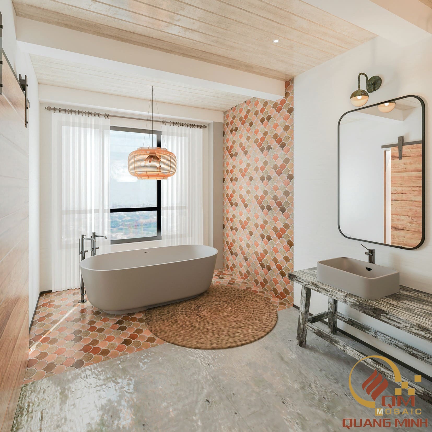 Gạch mosaic vảy cá màu hồng phù hợp với không gian phòng khách, phòng ngủ