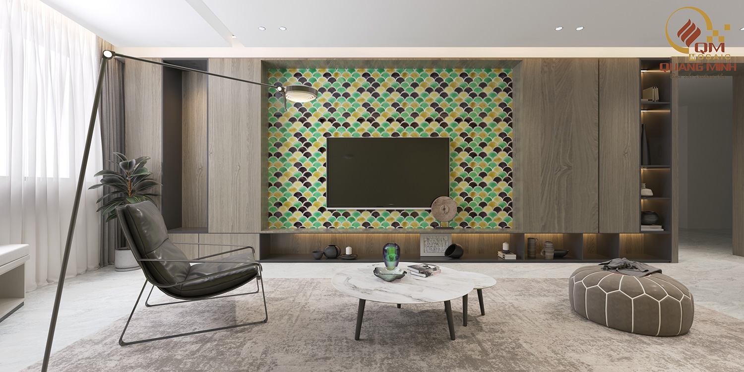 Gạch mosaic vảy cá trộn màu được dùng trong phòng khách