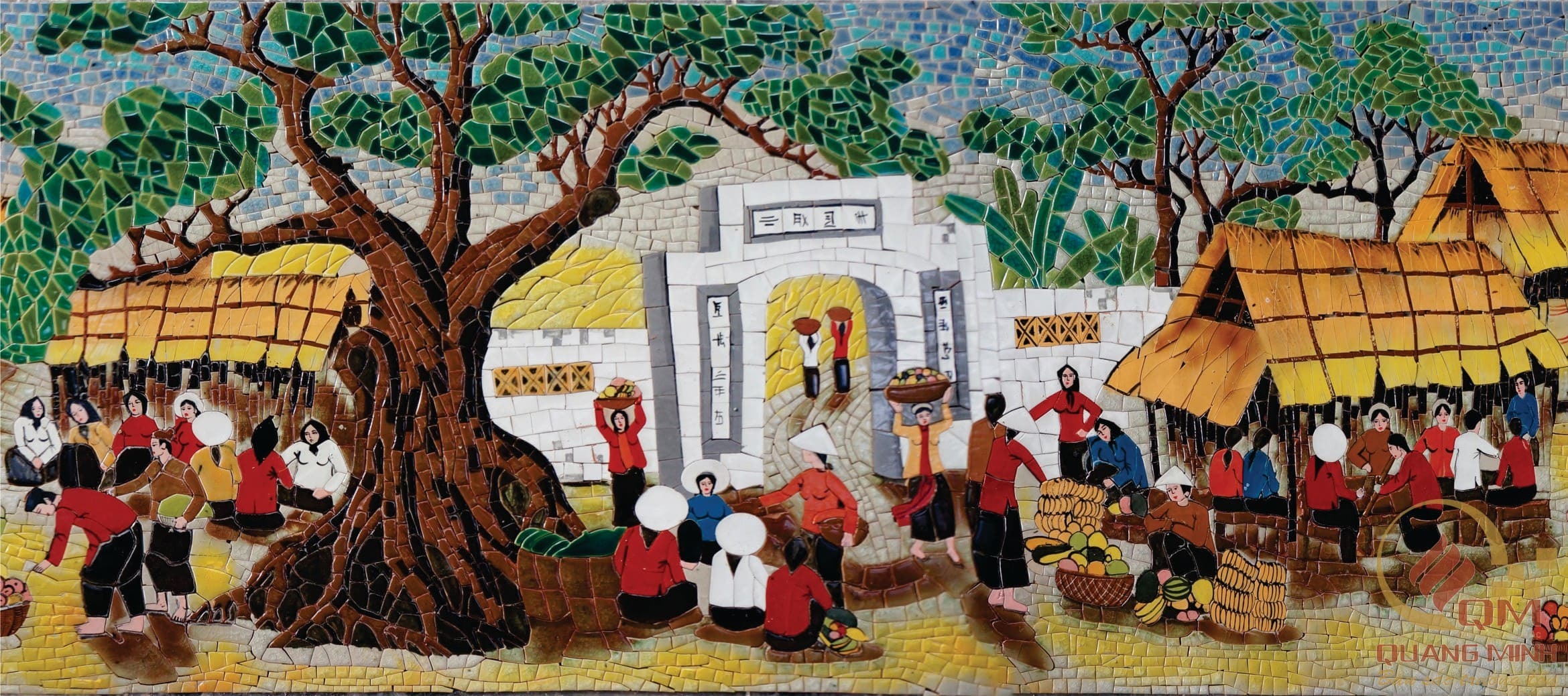 Tranh mosaic gốm sứ phong cảnh chợ quê
